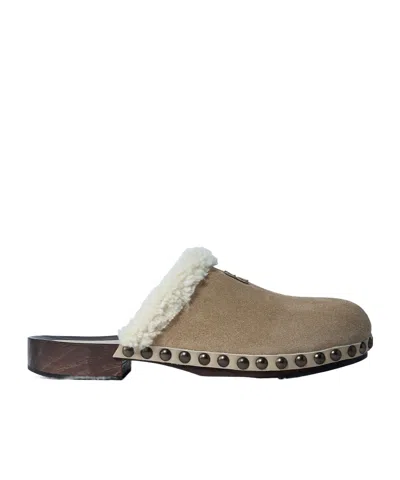 Miu Miu Shearling-trimmed Suede Clogs In Brown