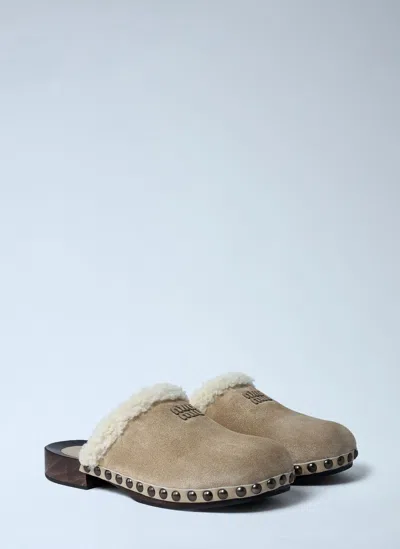 Miu Miu Shearling-trimmed Suede Clogs In Brown