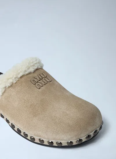 Miu Miu Shearling-trimmed Suede Clogs In Brown
