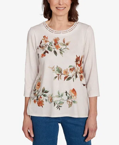 Alfred Dunner Women's Classic Floral Squirrel Harvest Top In White
