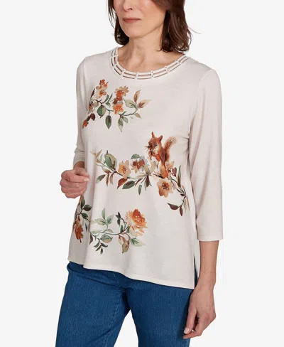 Alfred Dunner Women's Classic Floral Squirrel Harvest Top In White