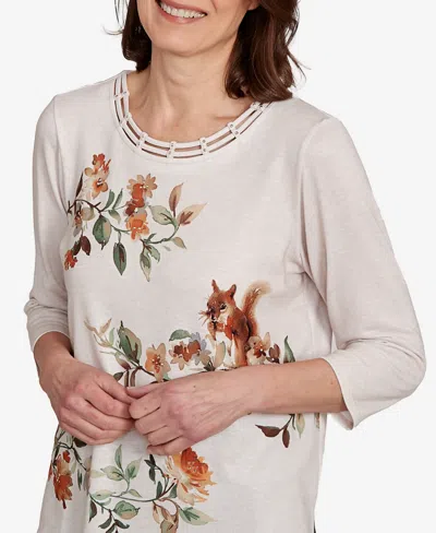 Alfred Dunner Women's Classic Floral Squirrel Harvest Top In White