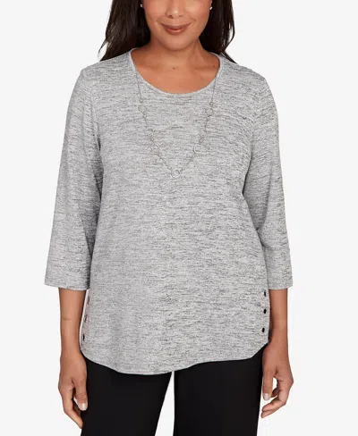 Alfred Dunner Women's Classic Melange Side Button Crew Neck Top With Necklace In Gray