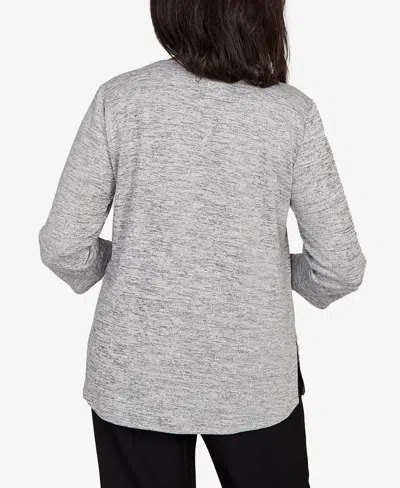 Alfred Dunner Women's Classic Melange Side Button Crew Neck Top With Necklace In Gray