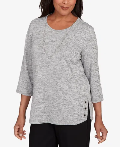 Alfred Dunner Women's Classic Melange Side Button Crew Neck Top With Necklace In Gray