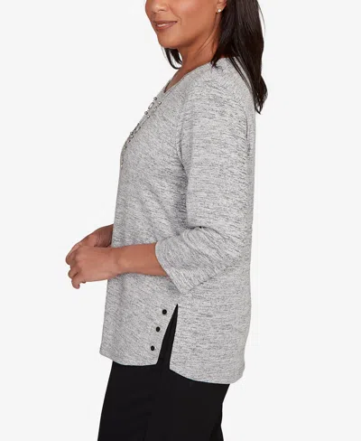 Alfred Dunner Women's Classic Melange Side Button Crew Neck Top With Necklace In Gray