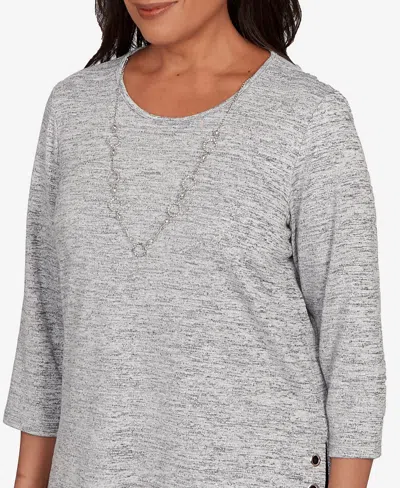 Alfred Dunner Women's Classic Melange Side Button Crew Neck Top With Necklace In Gray