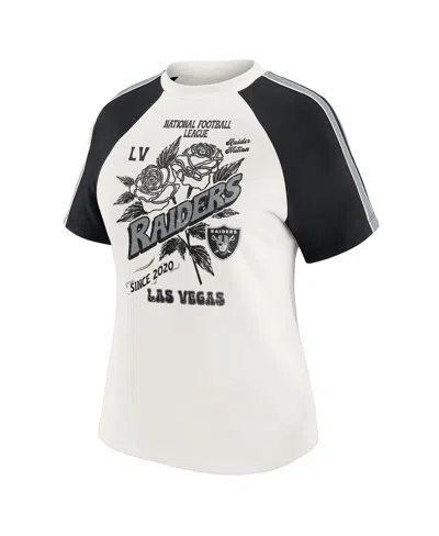 Wear By Erin Andrews Women's White Las Vegas Raiders Sleeve Stripe Distressed Raglan T-shirt In White