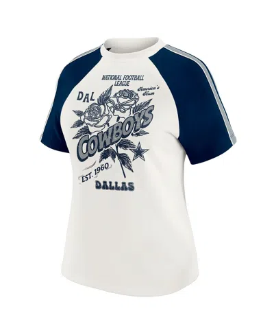 Wear By Erin Andrews Women's White/navy Dallas Cowboys Sleeve Stripe Distressed Raglan T-shirt In Multi