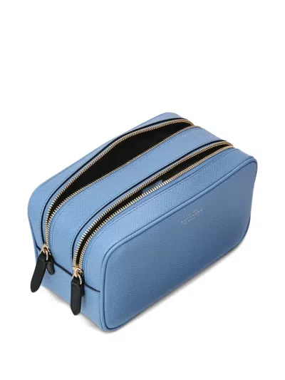 Smythson Washbag With Double Zip In Panama In Nile Blue