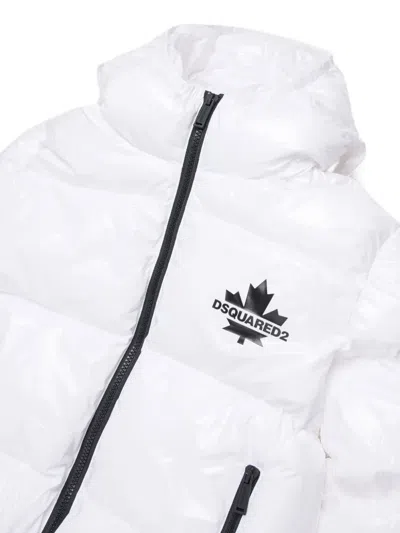 Dsquared2 Short Padded Jacket With Logo Maple Leaf In White
