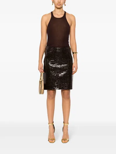 Tom Ford Glossy Croc Print Leather Mini Skirt In Brown