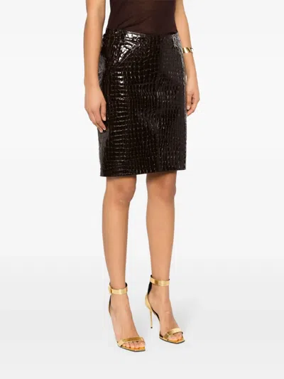 Tom Ford Glossy Croc Print Leather Mini Skirt In Brown
