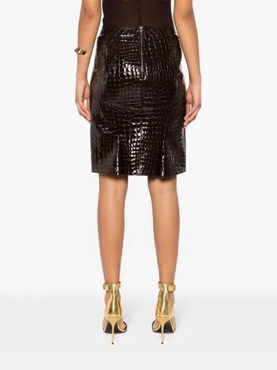 Tom Ford Glossy Croc Print Leather Mini Skirt In Brown