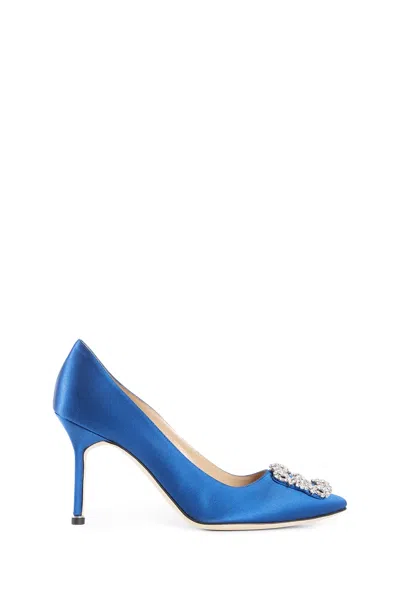 Manolo Blahnik Satin Hangisi 105 Pumps With Jewel Embellishment In Blue