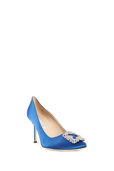 Manolo Blahnik Satin Hangisi 105 Pumps With Jewel Embellishment In Blue