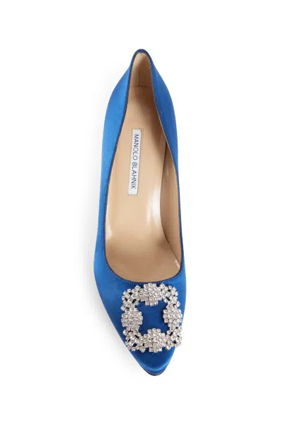 Manolo Blahnik Satin Hangisi 105 Pumps With Jewel Embellishment In Blue