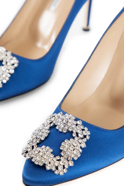 Manolo Blahnik Satin Hangisi 105 Pumps With Jewel Embellishment In Blue