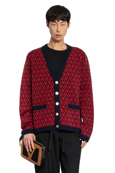 Valentino Toute La V Jacquard Wool Cardigan In Red