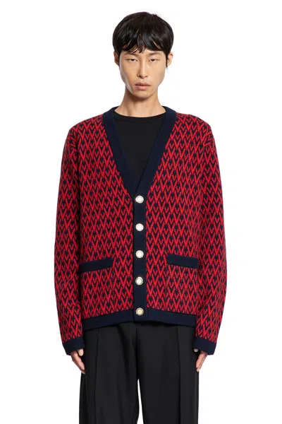 Valentino Toute La V Jacquard Wool Cardigan In Red