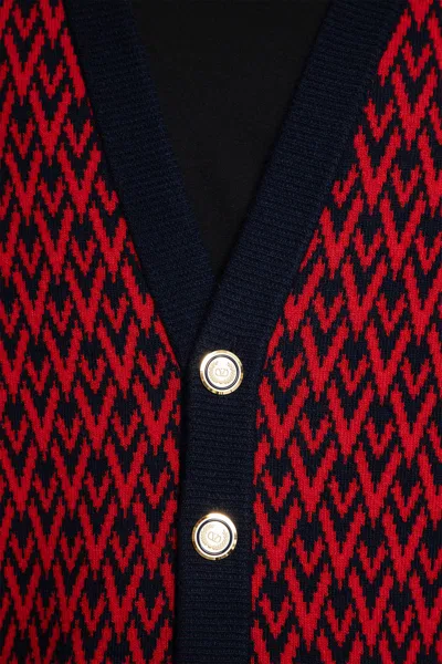Valentino Toute La V Jacquard Wool Cardigan In Red