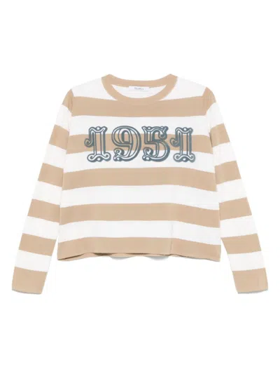 Max Mara Wool Sweater With Embroidered Stripes And Crew Neck In Sand
