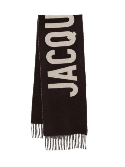 Jacquemus Rectangular Scarf With Fringed Edges And Bold Lettering In Brown