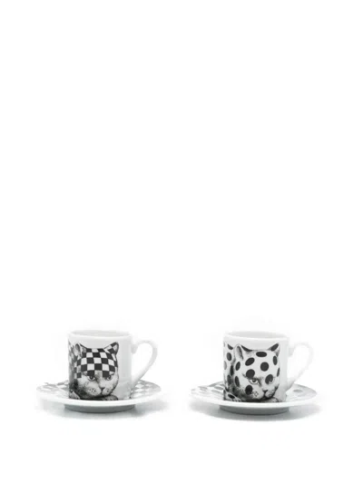 Fornasetti High Fidelity Cat-print Teacups (set Of Two) In Multi
