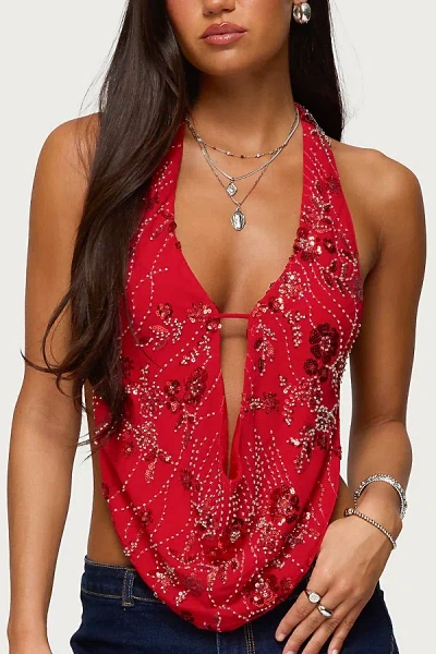 Edikted Beaded Cowl Neck Open Back Halter Top In Red