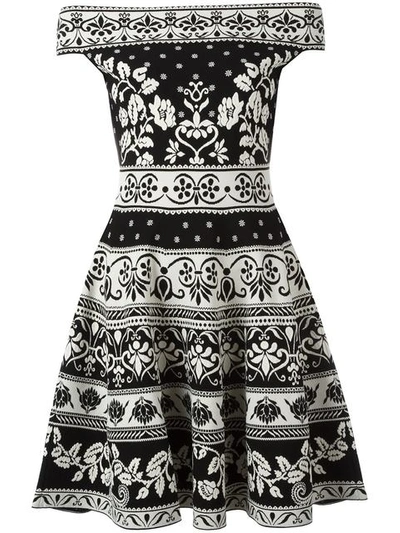 Alexander Mcqueen Off The Shoulder Flared Jacquard Dress, Black/white In Black/ivory