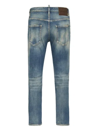 Dsquared2 Men Blue Jeans With Logo Patch On The Rear And Distressed Effect In Denim Man In Blue