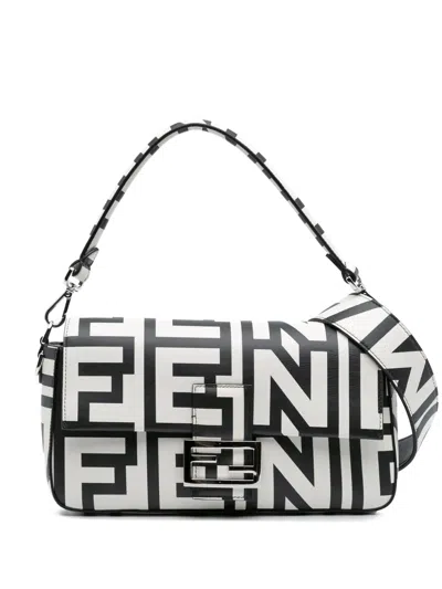 Pre-owned Fendi 2000-2010 Marc Jacobs Nappa Vitello King Logo Print Baguette Satchel In White