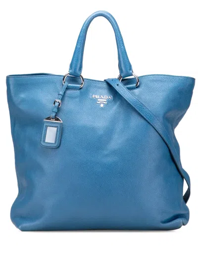 Pre-owned Prada 2010-2025 Vitello Daino Open Convertible Tote Satchel In Blue