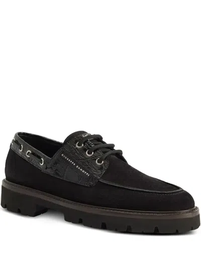 Giuseppe Zanotti Crocodile-effect Suede Lace-up Boat Shoes In Black