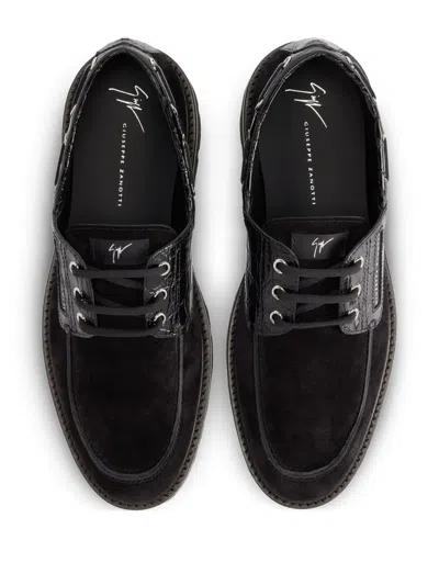 Giuseppe Zanotti Crocodile-effect Suede Lace-up Boat Shoes In Black