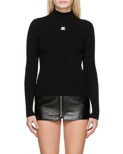 Courrèges Mockneck Rib Knit Sweater In Black