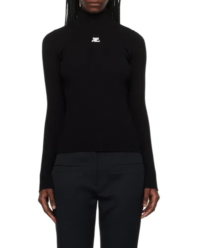 Courrèges Mockneck Rib Knit Sweater In Black