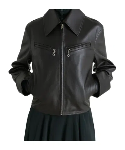 Lemaire Brown Boxy Leather Blouson Jacket In Black