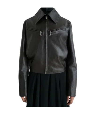 Lemaire Brown Boxy Leather Blouson Jacket In Black