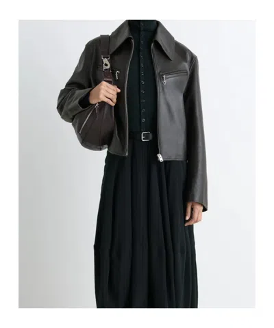 Lemaire Brown Boxy Leather Blouson Jacket In Black