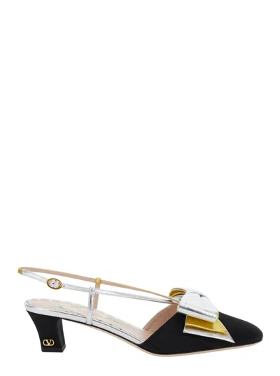 Valentino Bowow Leather-trimmed Satin Slingback Pumps In Black
