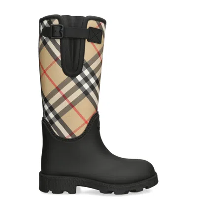 Burberry Woven Check Rain Boots With Adjustable Buckle And Equestrian Design In Black
