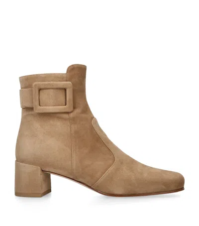 Roger Vivier Suede Buckle Block Heel Ankle Bootie In Sand