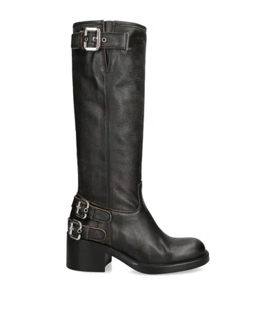 Chloé Dakota Burnished Leather Knee-high Moto Boots In Black