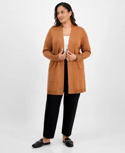 Jm Collection Plus Size Open-front Long-sleeve Cardigan, Exclusively At Macy's In Brown