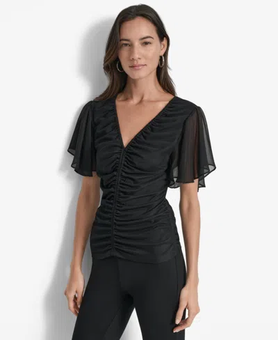 Dkny Women's Center-ruched Flutter-sleeve Top In Black