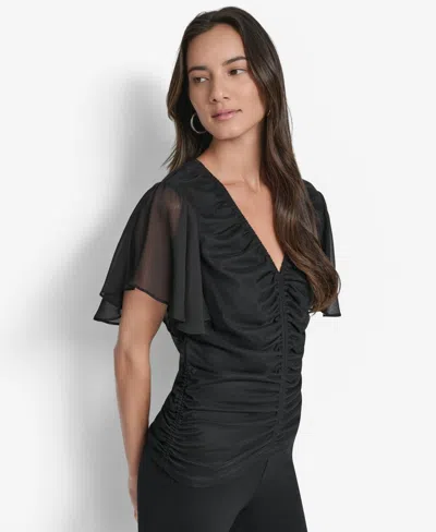 Dkny Women's Center-ruched Flutter-sleeve Top In Black