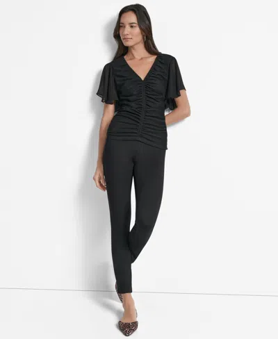 Dkny Women's Center-ruched Flutter-sleeve Top In Black