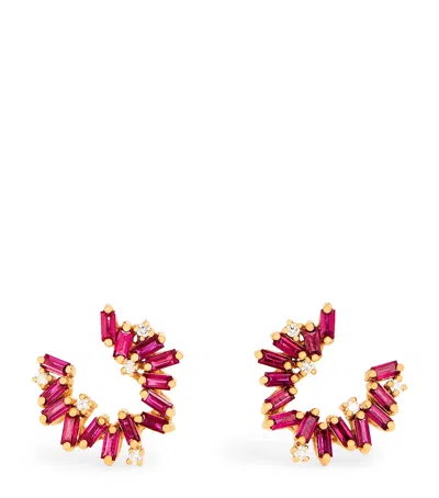 Suzanne Kalan Mini Rose Gold, Diamond And Ruby Bold Hoop Earrings In Gold