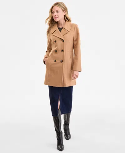 Anne Klein Petite Double-breasted Peacoat, Exclusively At Macy's In Brown